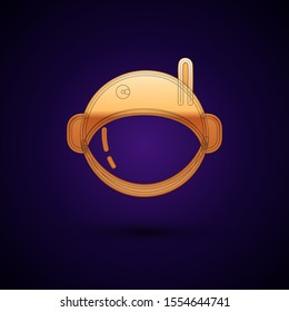 Gold Astronaut helmet icon isolated on dark blue background.  Vector Illustration