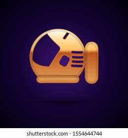 Gold Astronaut helmet icon isolated on dark blue background.  Vector Illustration