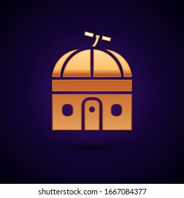 Gold Astronomical observatory icon isolated on black background. Observatory with a telescope. Scientific institution.  Vector Illustration