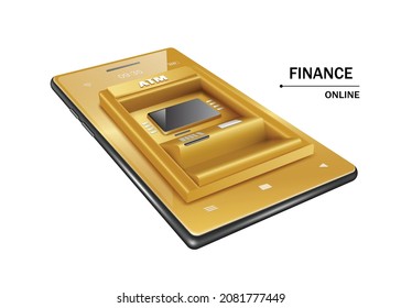 Gold-ATM-Maschine auf Smartphone einzeln auf weißem Hintergrund für Online-Design des Finanzkonzepts, Vektor 3d für die Finanzierung von Werbegestaltung