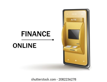 Máquina Gold ATM en smartphone aislado en fondo blanco para compras y diseño de concepto financiero online,vector 3d para diseño de publicidad financiera