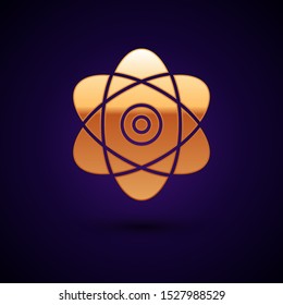Gold Atom icon isolated on dark blue background. Symbol of science, education, nuclear physics, scientific research. Electrons and protons sign.  Vector Illustration