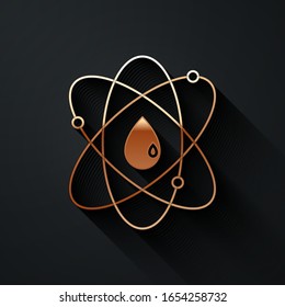 Gold Atom icon isolated on black background. Symbol of science, education, nuclear physics, scientific research. Long shadow style. Vector Illustration