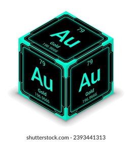 Gold (Aurum) (Au) (079) - Fundamental Element Futuristic Cybernetic Cube Block Isometric View, Icon Isolated White Background, Periodic Table, Chemical Symbol, Name, Atomic Mass, Atomic Number