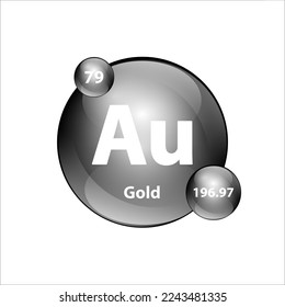 Gold, Aurum (Au) chemical element Icon structure round shape circle grey, silver, black easily. Periodic table Sign with atomic number. Study in science for education. 3D Illustration vector.