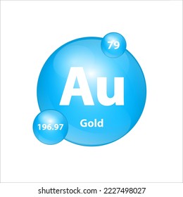 Oro, Aurum (Au) estructura de icono elemento químico forma redonda círculo azul claro. Elemento químico de la tabla periódica Signo con número atómico. Estudio en ciencia para la educación. Vector de ilustración 3D. 