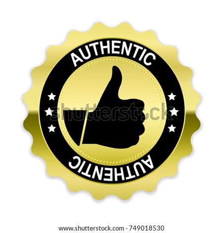 Gold Authentic badge with thumb up on white background,vector illustration