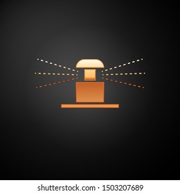 Gold Automatic irrigation sprinklers icon isolated on black background. Watering equipment. Garden element. Spray gun icon.  Vector Illustration