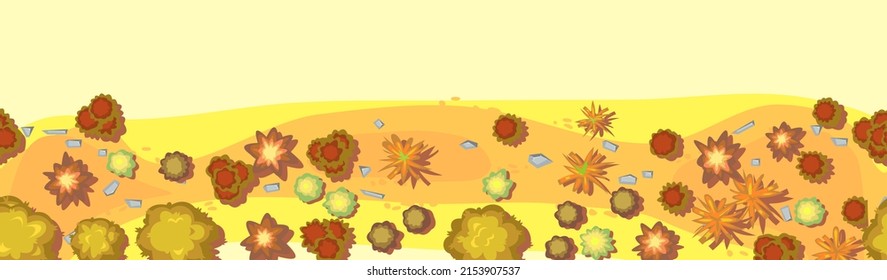 Gold Autumn landscape top view. Scene with yellow and orange trees and bushes from height. Above countryside. Cartoon style illustration. Seamless pattern Vector