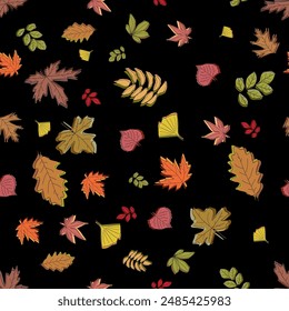 Gold autumn leaves seamless pattern on black background. Line art style. Stylish background, textile or wrapping paper design. Vector illustration