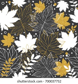 Gold autumn leaves seamless pattern with gold glitter texture. Stylish background, textile or wrapping paper design. Vector illustration