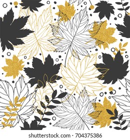 Gold autumn leaves seamless pattern with gold glitter texture. Stylish background, textile or wrapping paper design. Vector illustration