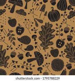 Gold autumn and polka dots. Vector seamless pattern.