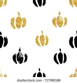 Gold autumn pumpkins seamless pattern with gold glitter texture. Stylish background, textile or wrapping paper design. Vector illustration