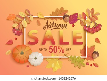 Gold autumn sale banner, 50 percent discount in square frame from seasonal fall leaves, rowan, pumpkin, acorn for shopping promotions,prints,flyers,invitations, special offer poster.Top view.Vector