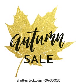 Gold autumn sale poster for September fall shopping with gold maple leaf imprint and discount text. Vector autumnal golden design for promo leaflet or web banner.