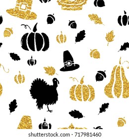 Gold autumn seamless pattern with gold glitter texture. Stylish background, textile or wrapping paper design with pumpkins, thanksgiving elements . Vector illustration