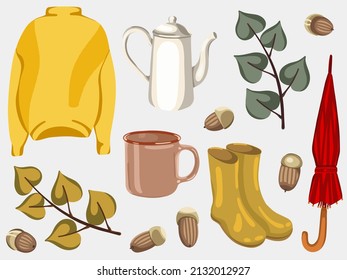 Gold autumn warm vector objects cozy set.