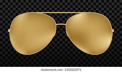 Gold aviator sunglasses with gold frame. Golden Sun glasses 3d vector realistic