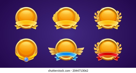 Gold Award Badges For Win In Game. Vector Cartoon Icons Of Golden Medals With Ribbons, Gem, Feathers And Leaves. Trophy Or Prize For Best Place In Sport Or Competition