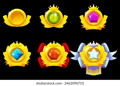 Gold award badges for winning in game. Cartoon icons of golden medals with ribbons and gems. Trophy or prize for best place in sport or competition