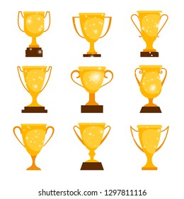 Gold award cups. Cartoon winner cup prizes, golden metal winning trophy icons for sport and games isolated on white background, vector illustration