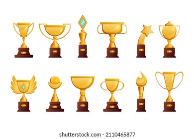 Gold award cups for winners and heroes set. Vector illustrations of champions golden trophy. Cartoon sport game reward, best movie prize, luxury goblet isolated on white. Victory, triumph concept