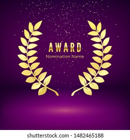 Gold award emblem with falling confetti. Laurel wreath on purple background. Icon of golden laurel branch.  Rewarding the best. Vector illustration