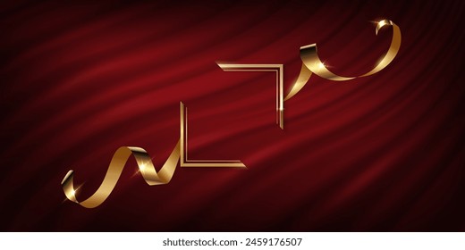 Gold award frame with golden silk ribbon on red curtain vector illustration. Realistic 3d vintage luxury banner for awards ceremony, elegant frame invitation on royal curtain mantle background.