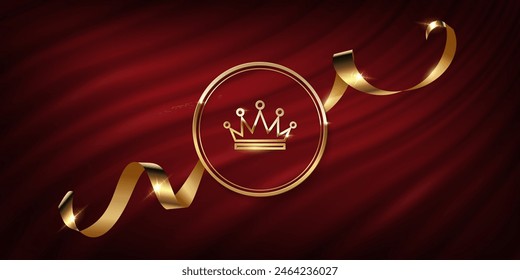 Gold award frame with golden silk ribbon on red curtain vector illustration. Realistic 3d luxury premium banner with king crown, elegant frame invitation on royal curtain mantle background.