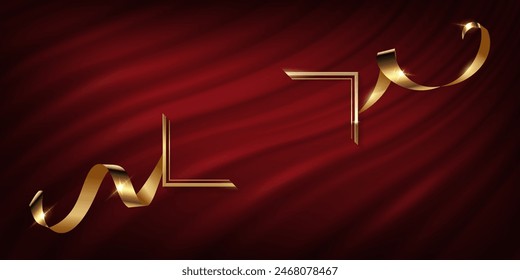 Gold award frame with golden silk ribbon on red curtain vector illustration. Realistic 3d vintage luxury banner for awards ceremony, elegant frame invitation on royal curtain mantle background.