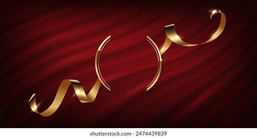 Gold award frame with golden silk ribbon on red curtain vector illustration. Realistic 3d vintage luxury banner for awards ceremony, elegant frame invitation on royal curtain mantle background.