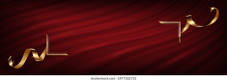 Goldprämierter Rahmen mit goldenem Seidenband auf roter Vorhang-Vektorillustration. Realistischer 3D-Vintage-Luxus-Banner für Preisverleihung, elegante Rahmeneinladung auf königlichem Vorhang-Mantel-Hintergrund.