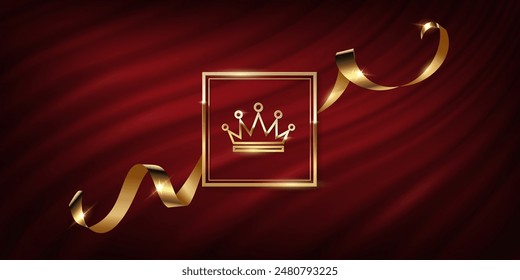 Gold award frame with golden silk ribbon on red curtain vector illustration. Realistic 3d luxury premium banner with king crown, elegant frame invitation on royal curtain mantle background.