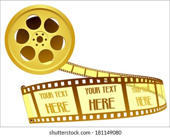 Gold Award, Golden Movie, Cinema Award, Golden Film, Movie Reel And Film Roll. Vector Art Image Illustration Eps10, Isolated On White Background