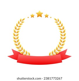 Gold Award laurel frame wreath. Winner award label and red ribbon. Vector stock illustration