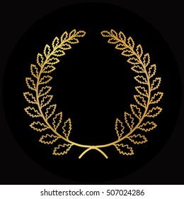 Gold award laurel wreath on dark background.