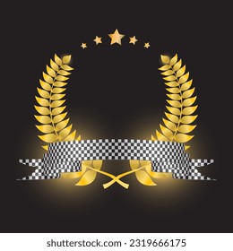 premio de oro con corona de laurel y cinta de la bandera de la carrera. Símbolo vectorial de oro de victoria, logro, éxito, recompensa al ganador.