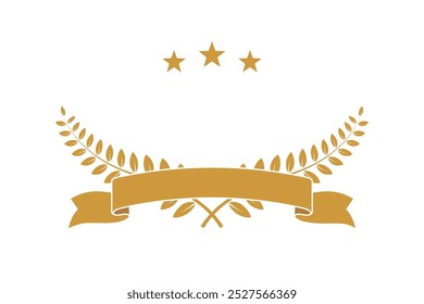 Gold award laurel wreath with ribbon, stars and empty place for name of winner. Champion reward vector illustration. Prize for awarding ceremony or best player. Quality certified icon.