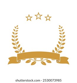 Gold award laurel wreath with ribbon, stars and empty place for name of winner. Champion reward vector illustration. Prize for awarding ceremony or best player. Quality certified icon.