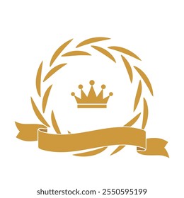 Gold award laurel wreath with ribbon, crown and empty place for name of winner. Champion reward vector illustration. Prize for awarding ceremony or best player. Quality certified icon.