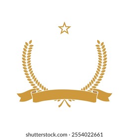 Gold award laurel wreath with ribbon, star and empty place for name of winner. Champion reward vector illustration. Prize for awarding ceremony or best player. Quality certified icon.