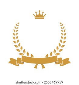 Gold award laurel wreath with ribbon, crown and empty place for name of winner. Champion reward vector illustration. Prize for awarding ceremony or best player. Quality certified icon.