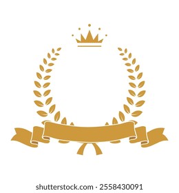 Gold award laurel wreath with ribbon, crown and empty place for name of winner. Champion reward vector illustration. Prize for awarding ceremony or best player. Quality certified icon.