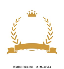 Gold award laurel wreath with ribbon, crown and empty place for name of winner. Champion reward vector illustration. Prize for awarding ceremony or best player. Quality certified icon.