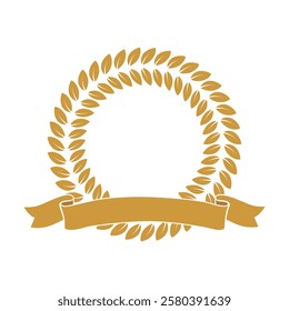 Gold award laurel wreath with ribbon and empty place for name of winner. Champion reward vector illustration. Prize for awarding ceremony, championship, best player. Quality certified icon.