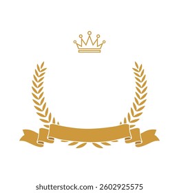 Gold award laurel wreath with ribbon, crown and empty place for name of winner. Champion reward vector illustration. Prize for awarding ceremony or best player. Quality certified icon.