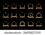 Gold award laurel wreath set vector illustration with ribbon, stars, crown and empty place for name of winner. 3D prize for awarding ceremony, championship, best player. Quality certified icons.