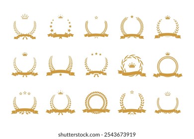 Gold award laurel wreath set vector illustration with ribbon, stars, crown and empty place for name of winner. 3D prize for awarding ceremony, championship, best player. Quality certified icons.