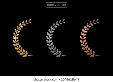 Coroa de louro de prêmio de ouro e conjunto de diferentes coroas de louro de ouro, prata e bronze ilustração vetorial.